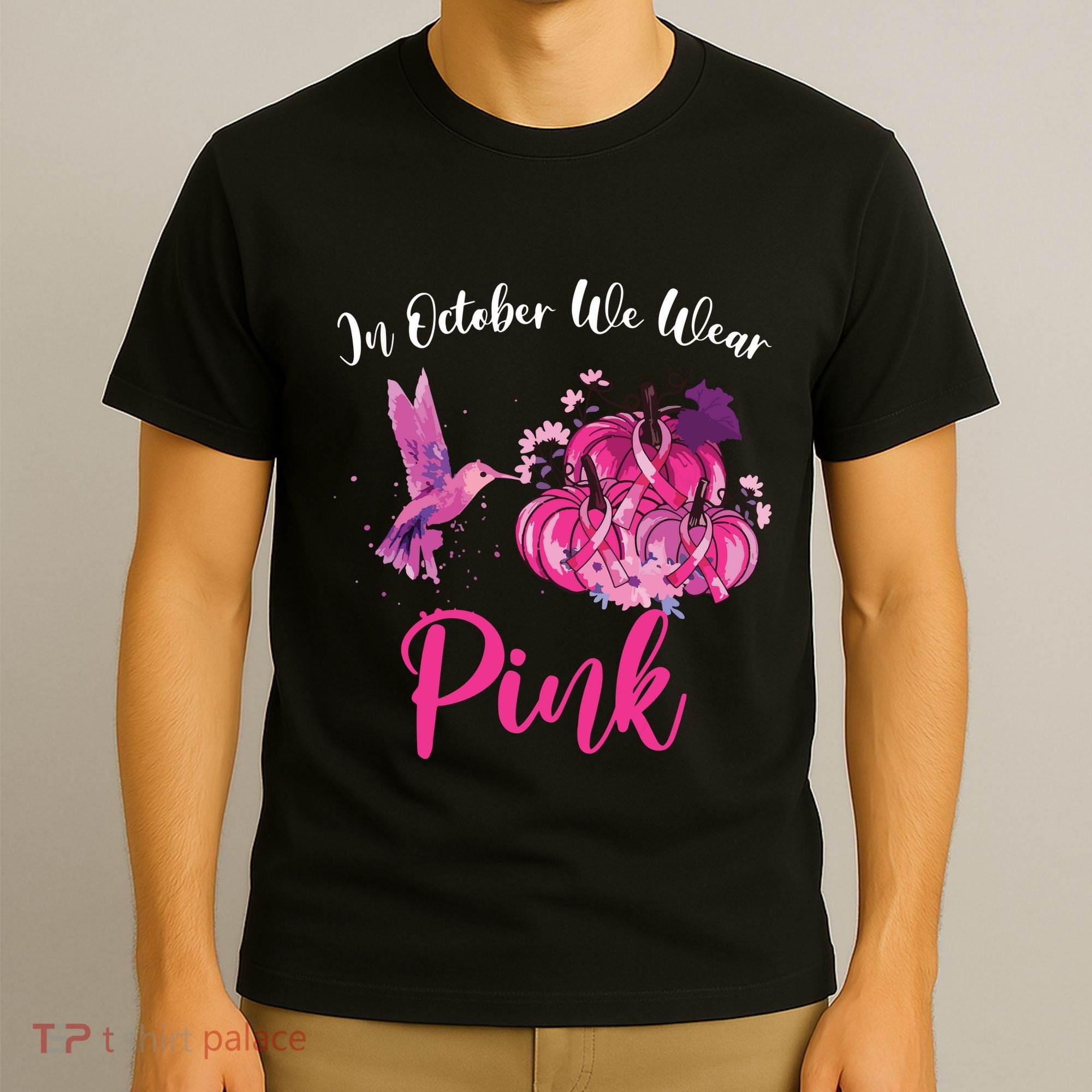 In October We Wear Pink Hummingbird Pumpkin Breast Cancer T-Shirt