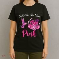In October We Wear Pink Hummingbird Pumpkin Breast Cancer T-Shirt thumb 4