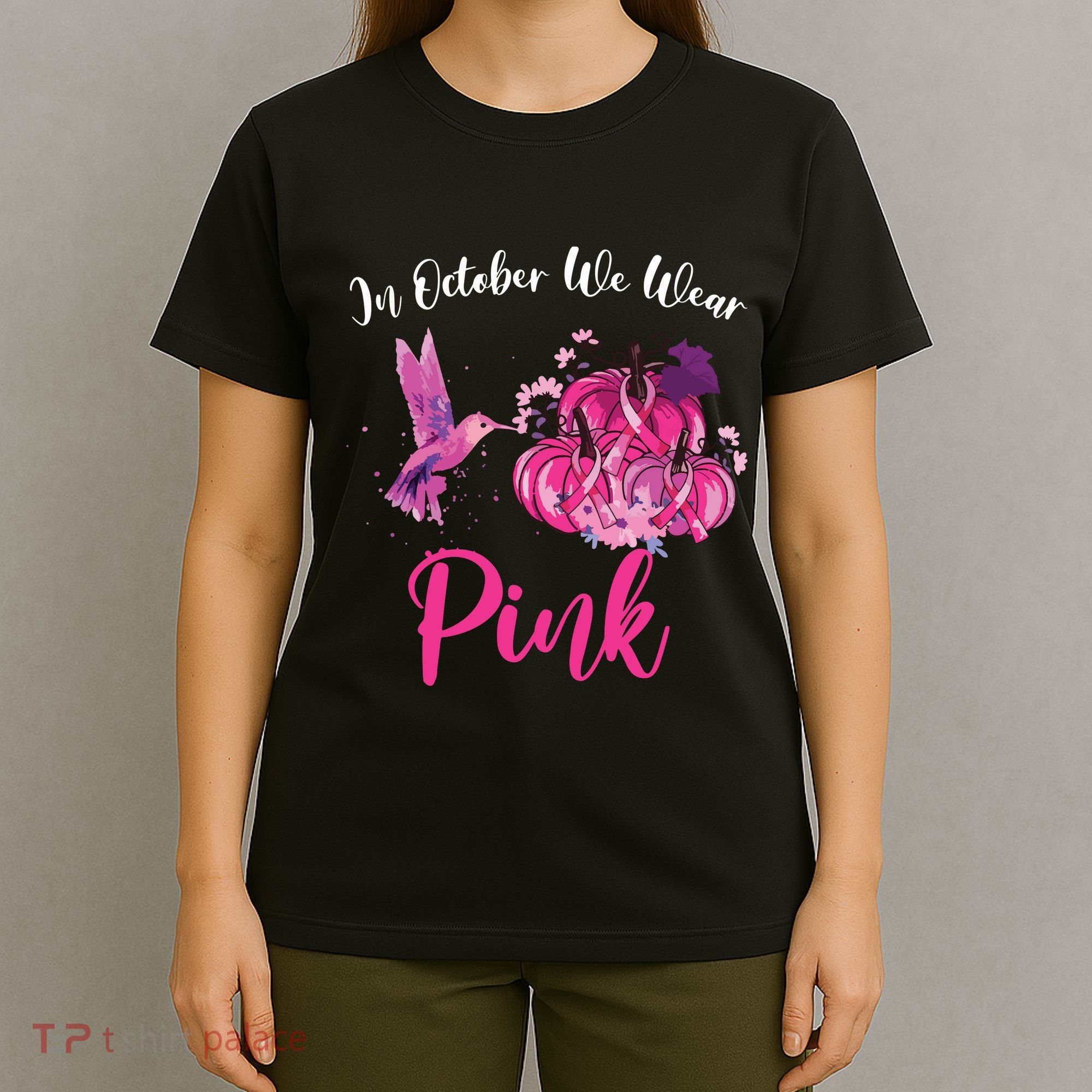 In October We Wear Pink Hummingbird Pumpkin Breast Cancer T-Shirt