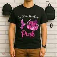 In October We Wear Pink Hummingbird Pumpkin Breast Cancer T-Shirt thumb 6