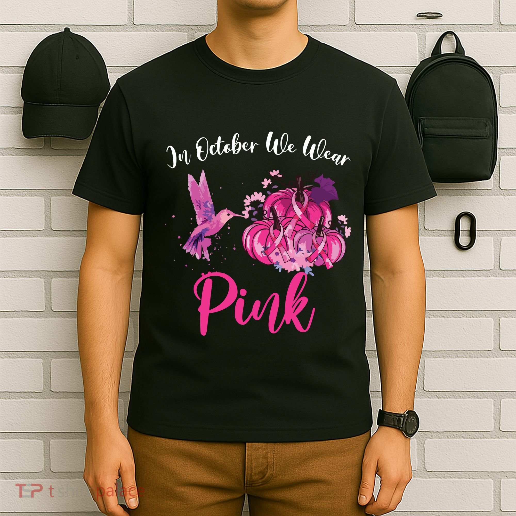 In October We Wear Pink Hummingbird Pumpkin Breast Cancer T-Shirt