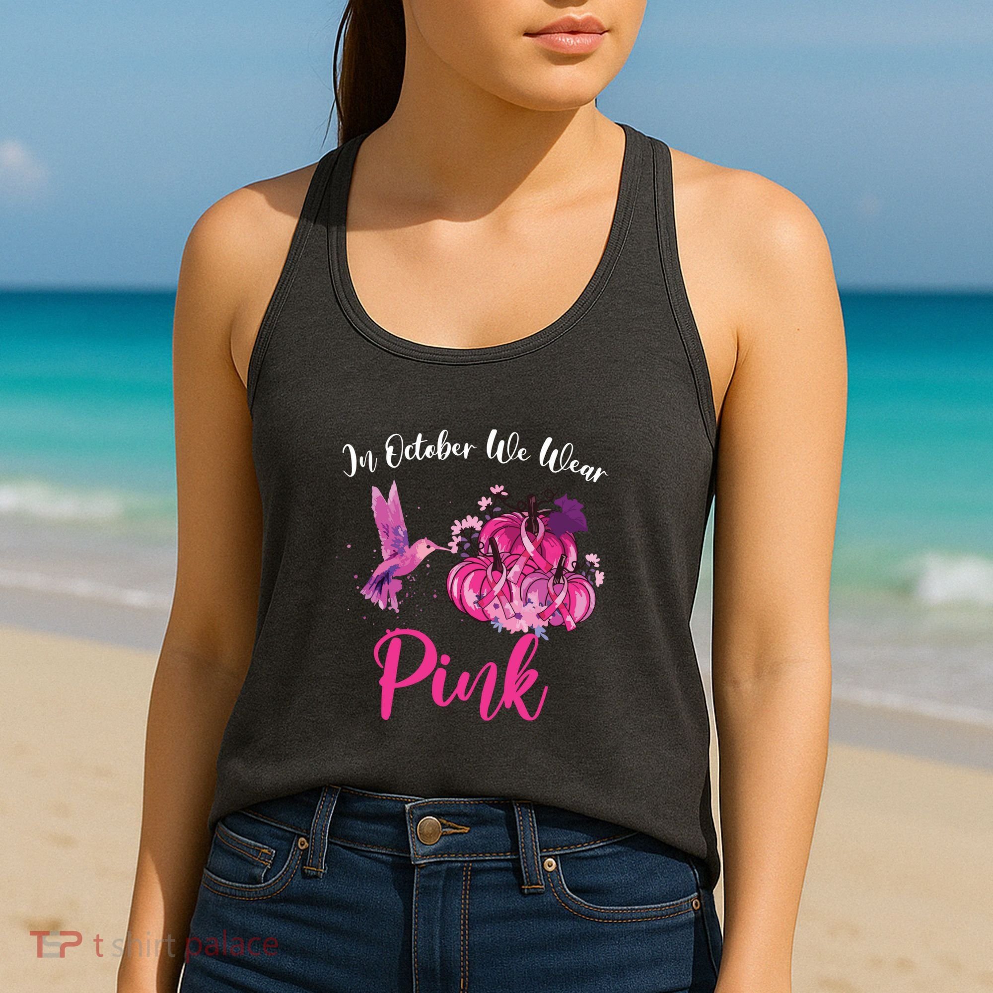 In October We Wear Pink Hummingbird Pumpkin Breast Cancer Women's Tank Top