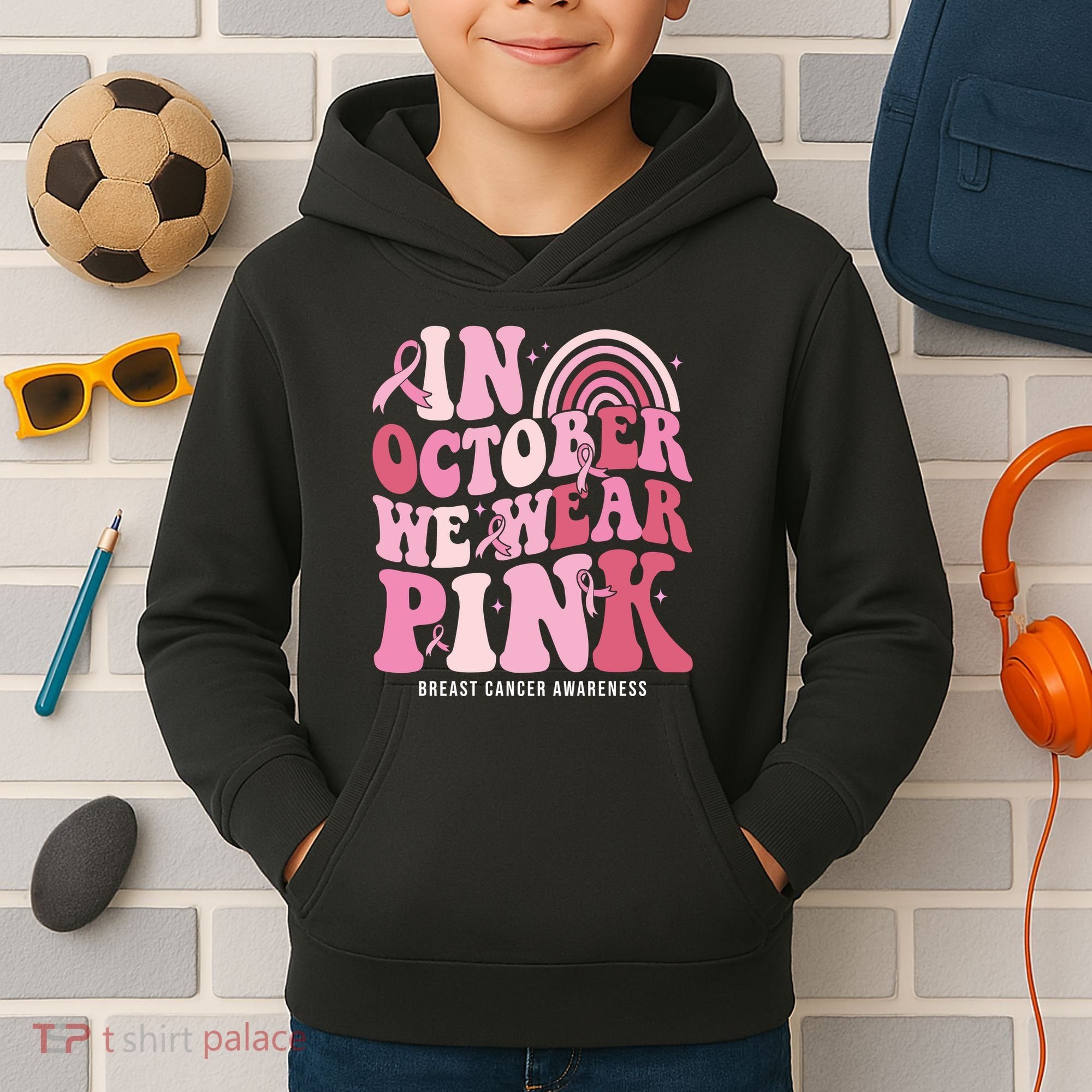 In October We Wear Pink Breast Cancer Awareness Kids Hoodie
