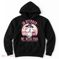 In October We Wear Pink Breast Cancer Halloween Ghost Hoodie thumb 0