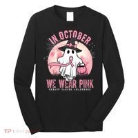 In October We Wear Pink Breast Cancer Halloween Ghost Long Sleeve Shirt thumb 0