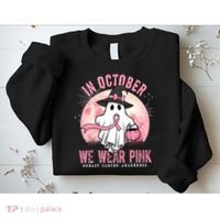 In October We Wear Pink Breast Cancer Halloween Ghost Sweatshirt thumb 2