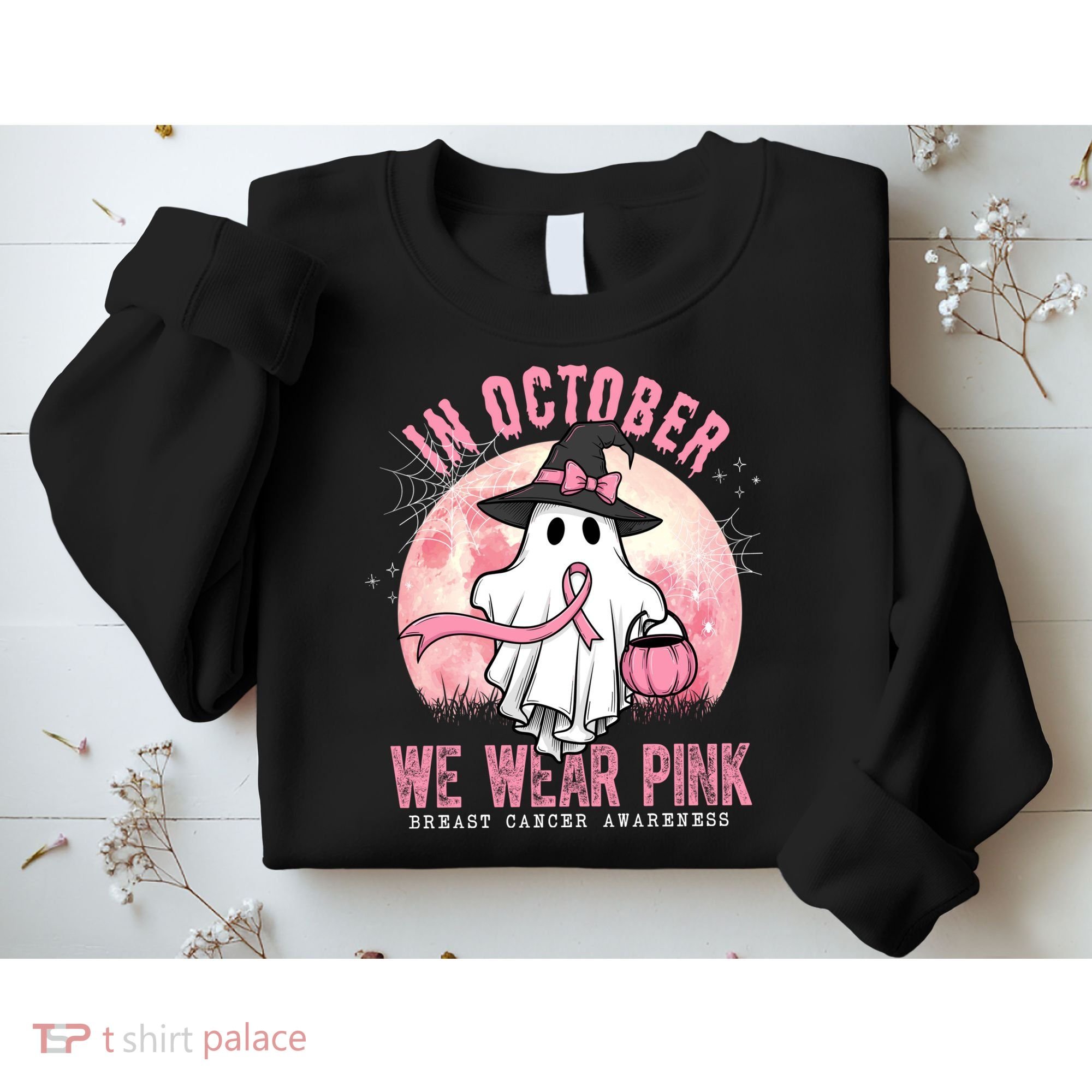 In October We Wear Pink Breast Cancer Halloween Ghost Sweatshirt