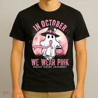 In October We Wear Pink Breast Cancer Halloween Ghost T-Shirt thumb 3