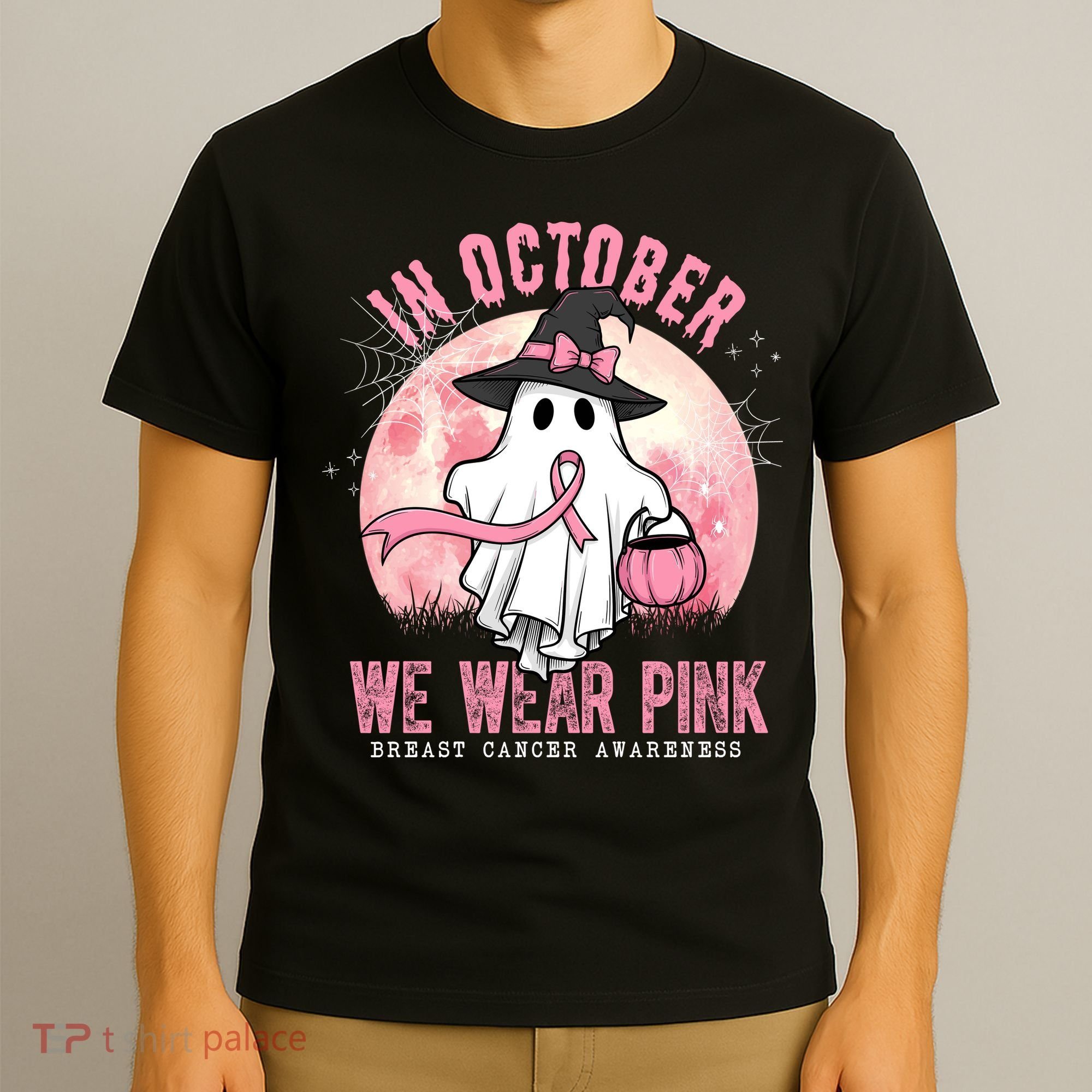 In October We Wear Pink Breast Cancer Halloween Ghost T-Shirt