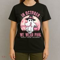 In October We Wear Pink Breast Cancer Halloween Ghost T-Shirt thumb 4