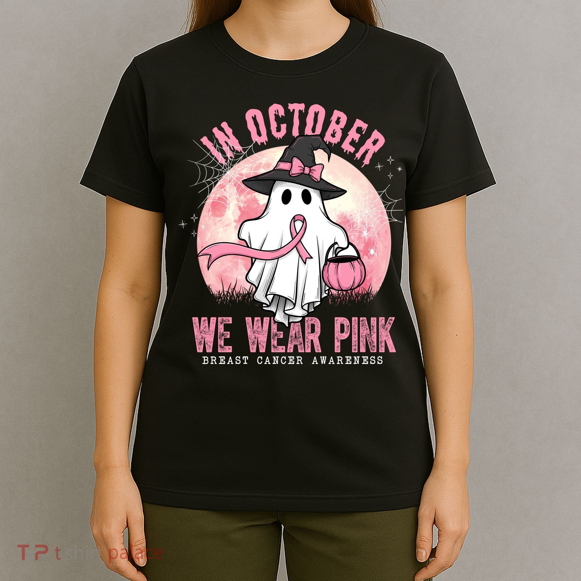 In October We Wear Pink Breast Cancer Halloween Ghost T-Shirt