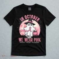 In October We Wear Pink Breast Cancer Halloween Ghost T-Shirt thumb 5