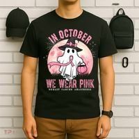 In October We Wear Pink Breast Cancer Halloween Ghost T-Shirt thumb 6