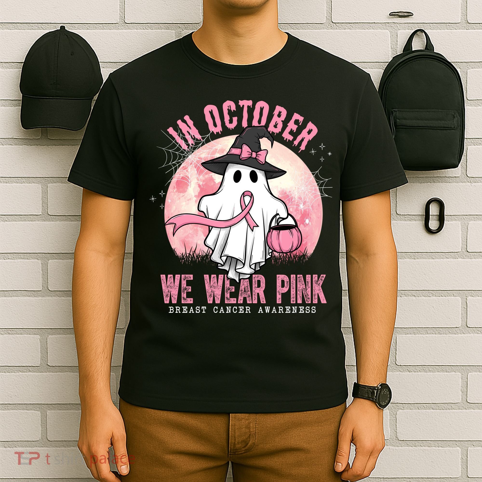 In October We Wear Pink Breast Cancer Halloween Ghost T-Shirt