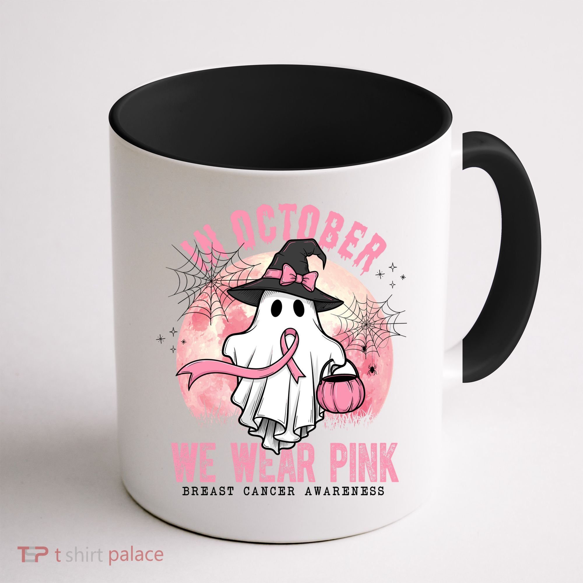 In October We Wear Pink Breast Cancer Halloween Ghost Coffee Mug