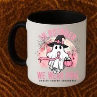 In October We Wear Pink Breast Cancer Halloween Ghost Coffee Mug thumb 2