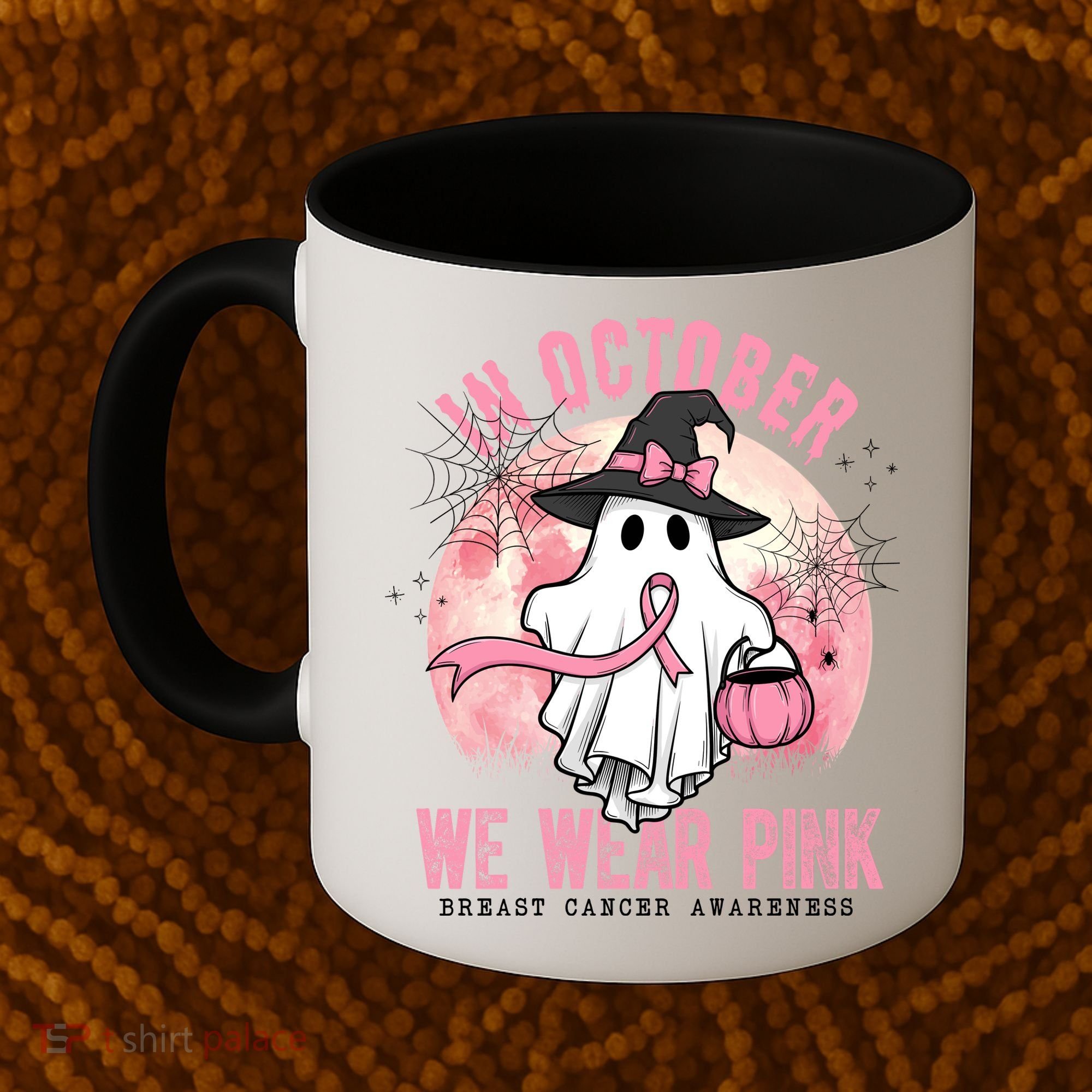 In October We Wear Pink Breast Cancer Halloween Ghost Coffee Mug