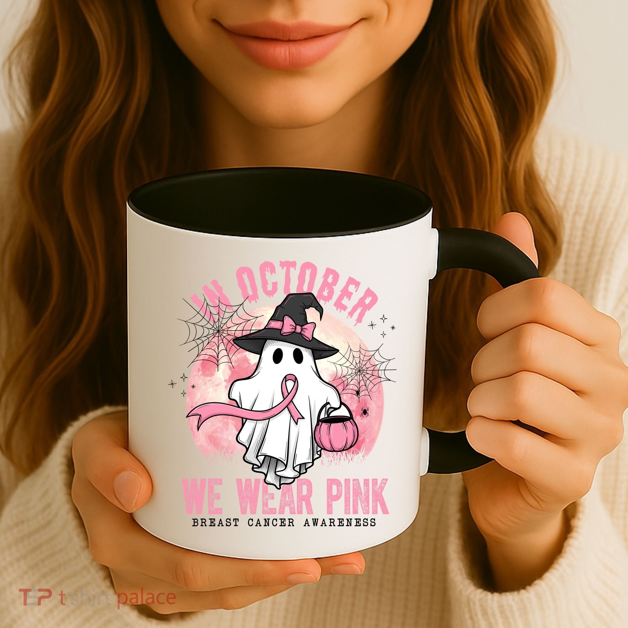 In October We Wear Pink Breast Cancer Halloween Ghost Coffee Mug