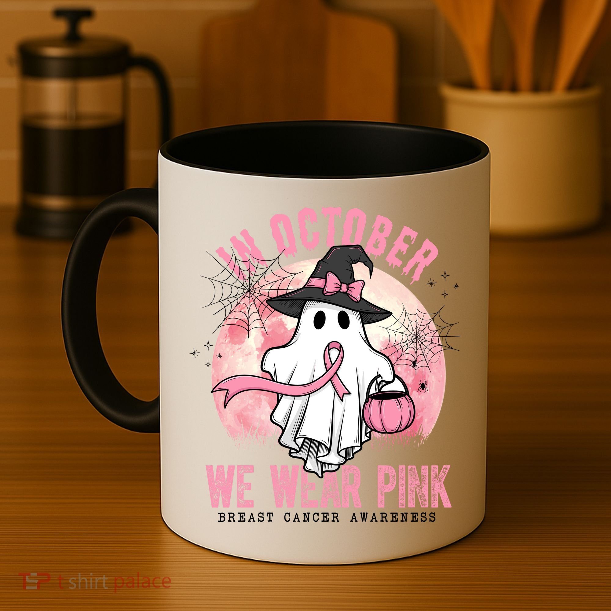 In October We Wear Pink Breast Cancer Halloween Ghost Coffee Mug