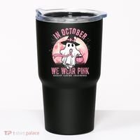 In October We Wear Pink Breast Cancer Halloween Ghost Tumbler thumb 0
