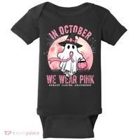 In October We Wear Pink Breast Cancer Halloween Ghost Baby Bodysuit thumb 0