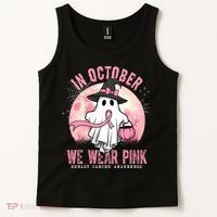 In October We Wear Pink Breast Cancer Halloween Ghost Tank Top thumb 2