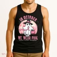 In October We Wear Pink Breast Cancer Halloween Ghost Tank Top thumb 3