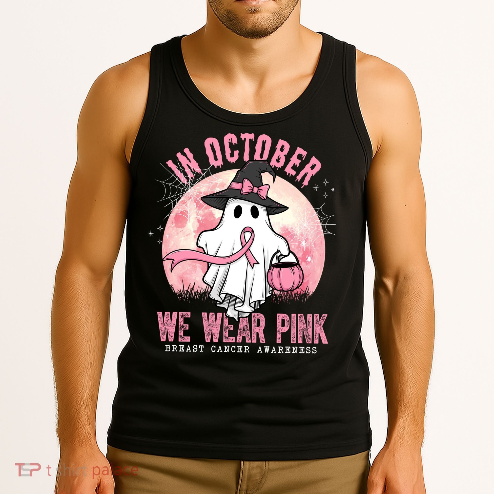 In October We Wear Pink Breast Cancer Halloween Ghost Tank Top