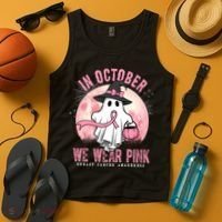 In October We Wear Pink Breast Cancer Halloween Ghost Tank Top thumb 4