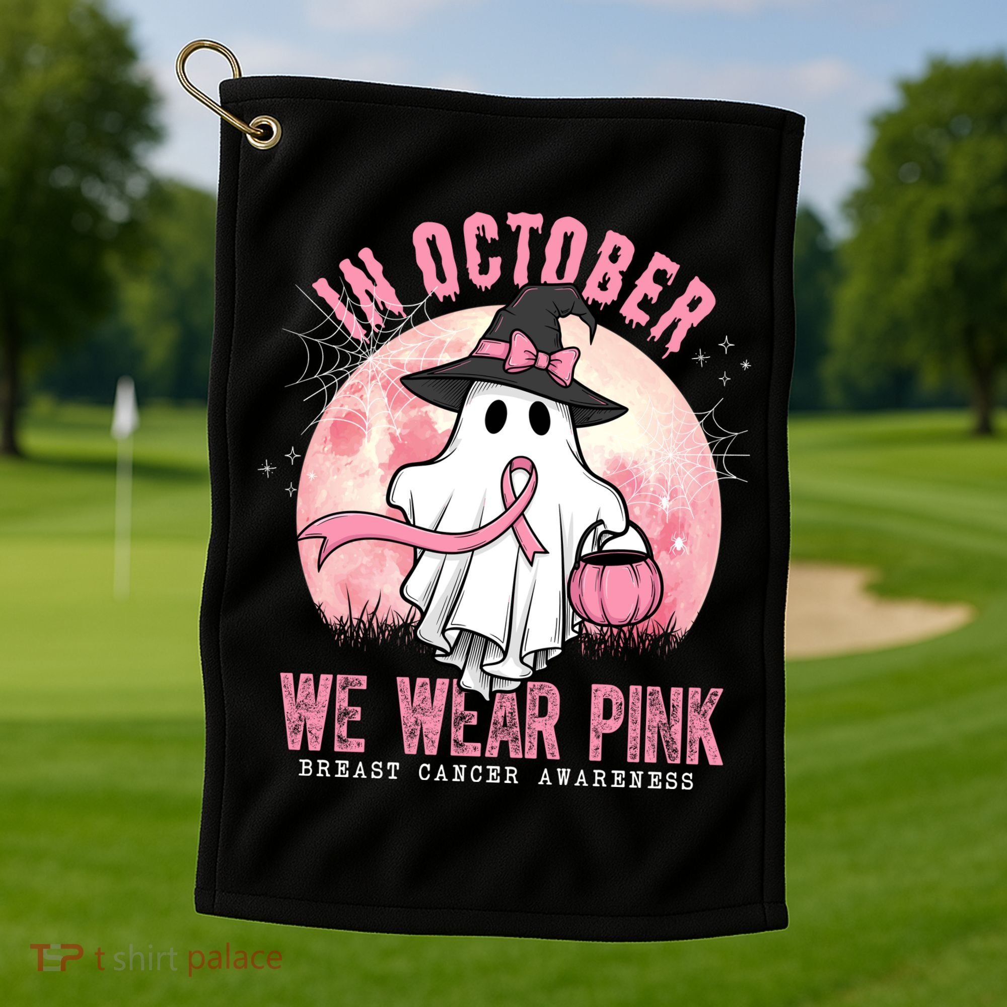 In October We Wear Pink Breast Cancer Halloween Ghost Golf Towel
