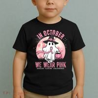 In October We Wear Pink Breast Cancer Halloween Ghost Toddler T-Shirt thumb 2