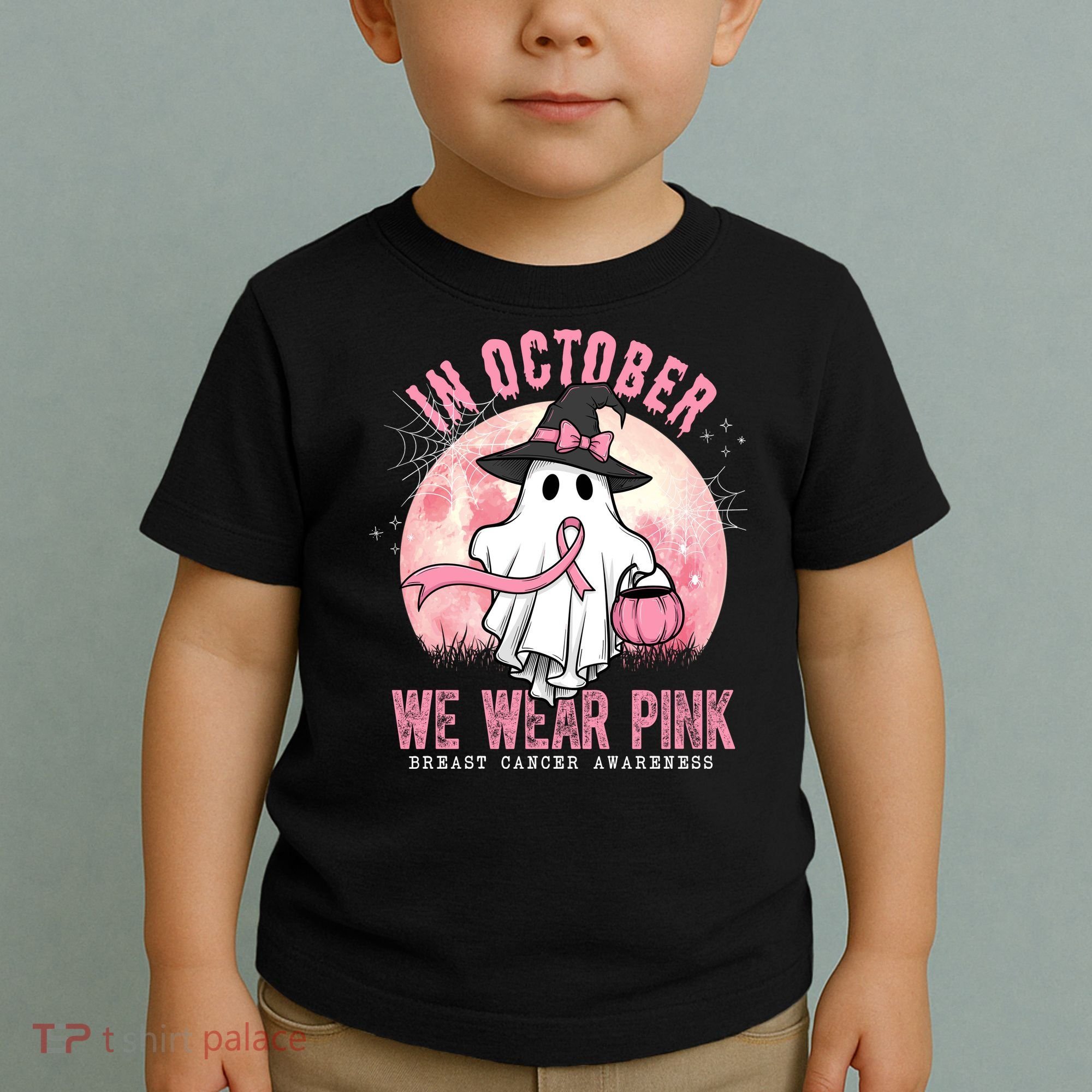 In October We Wear Pink Breast Cancer Halloween Ghost Toddler T-Shirt