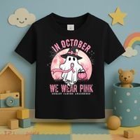 In October We Wear Pink Breast Cancer Halloween Ghost Toddler T-Shirt thumb 3