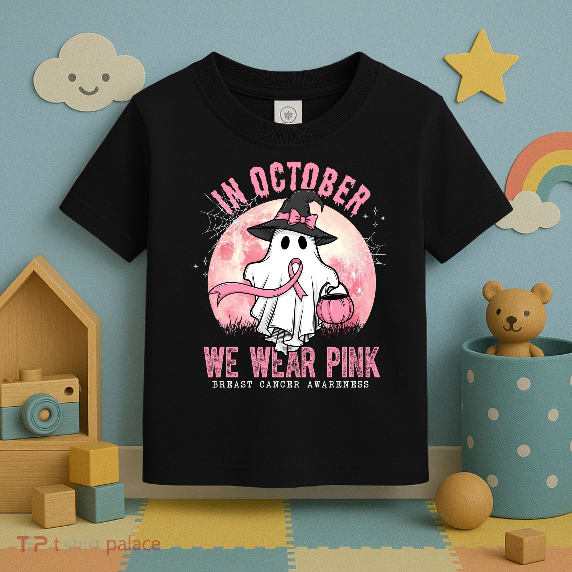 In October We Wear Pink Breast Cancer Halloween Ghost Toddler T-Shirt