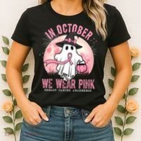 In October We Wear Pink Breast Cancer Halloween Ghost Women's T-Shirt thumb 2