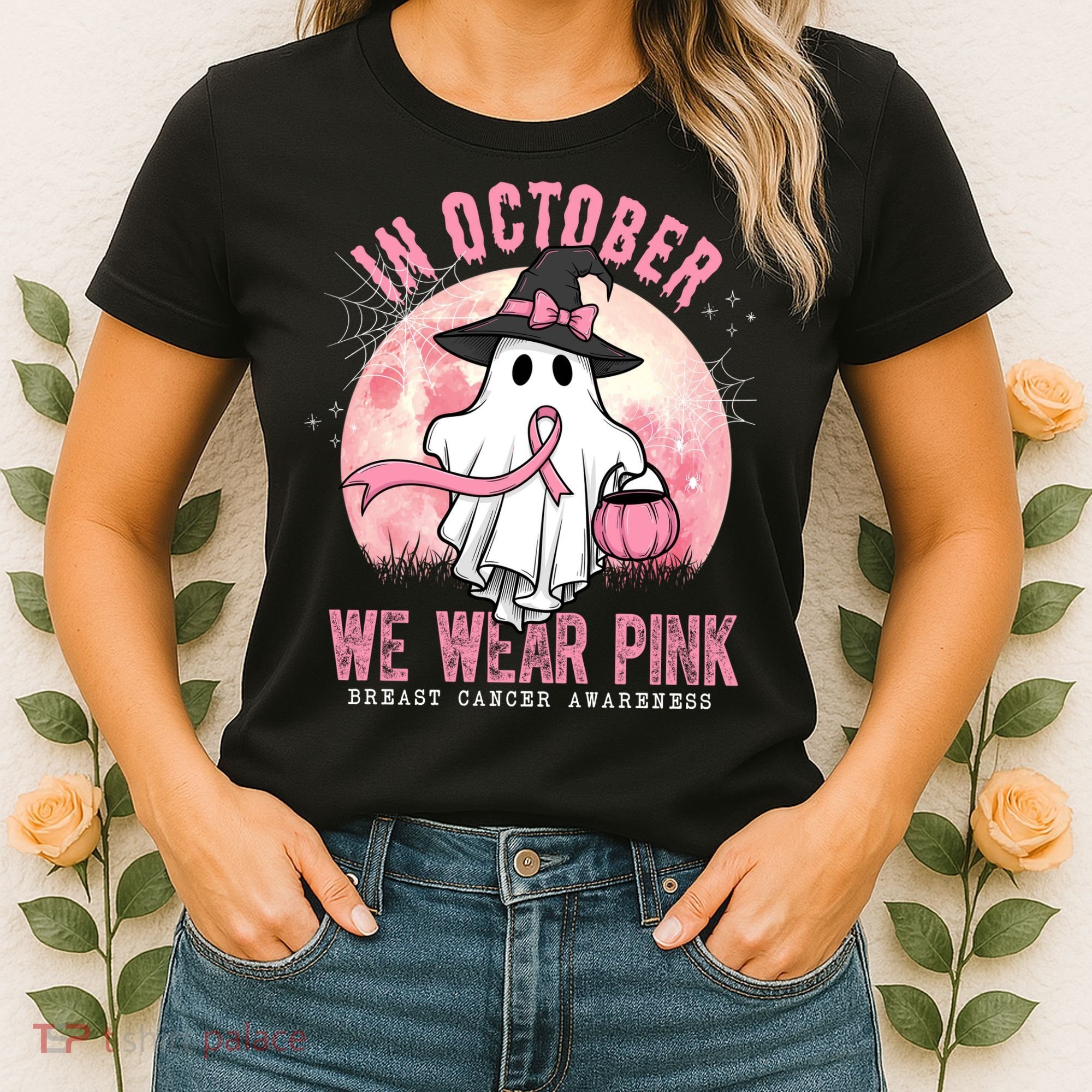 In October We Wear Pink Breast Cancer Halloween Ghost Women's T-Shirt