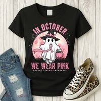 In October We Wear Pink Breast Cancer Halloween Ghost Women's T-Shirt thumb 3