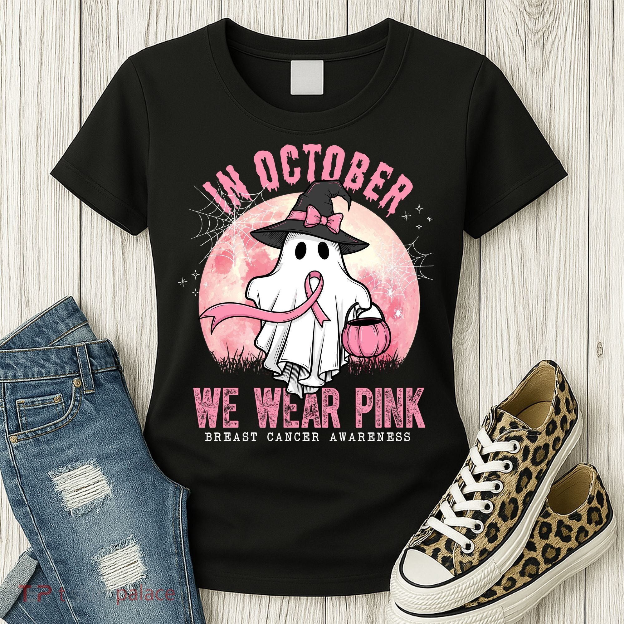 In October We Wear Pink Breast Cancer Halloween Ghost Women's T-Shirt