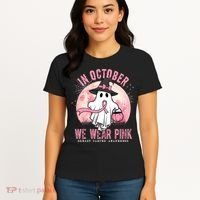 In October We Wear Pink Breast Cancer Halloween Ghost Women's T-Shirt thumb 4