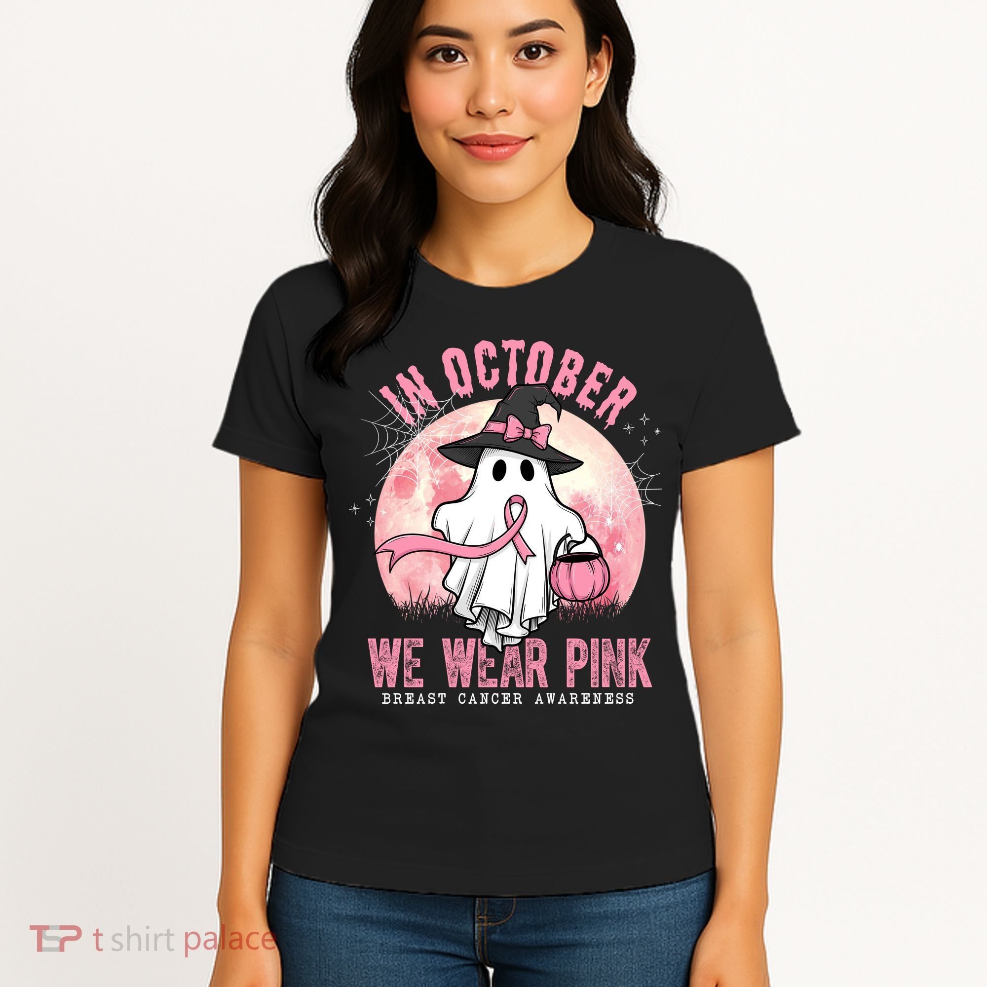 In October We Wear Pink Breast Cancer Halloween Ghost Women's T-Shirt