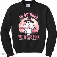 In October We Wear Pink Breast Cancer Halloween Ghost Kids Sweatshirt thumb 0