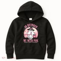 In October We Wear Pink Breast Cancer Halloween Ghost Kids Hoodie thumb 0