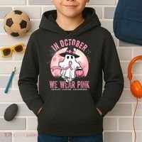 In October We Wear Pink Breast Cancer Halloween Ghost Kids Hoodie thumb 2