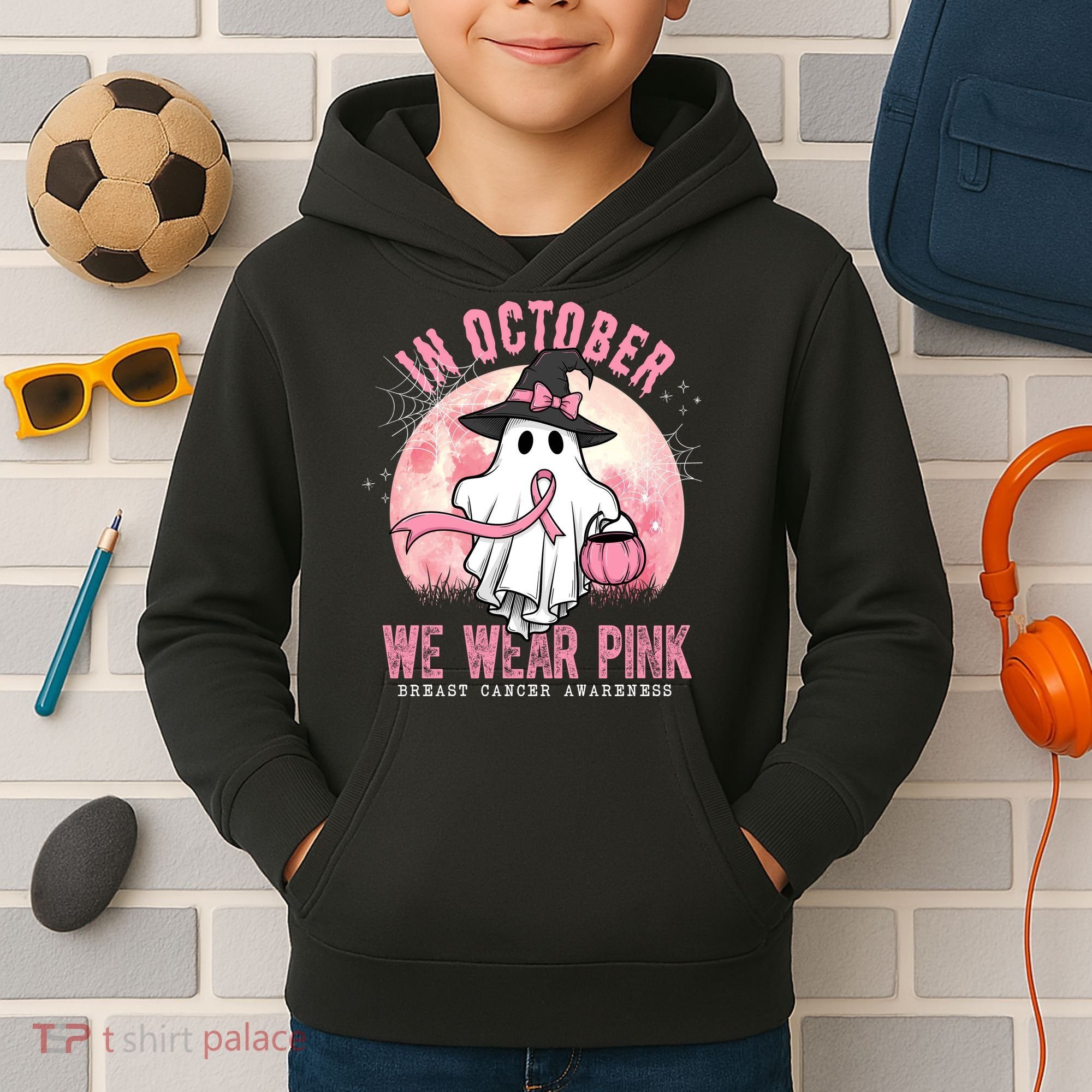 In October We Wear Pink Breast Cancer Halloween Ghost Kids Hoodie