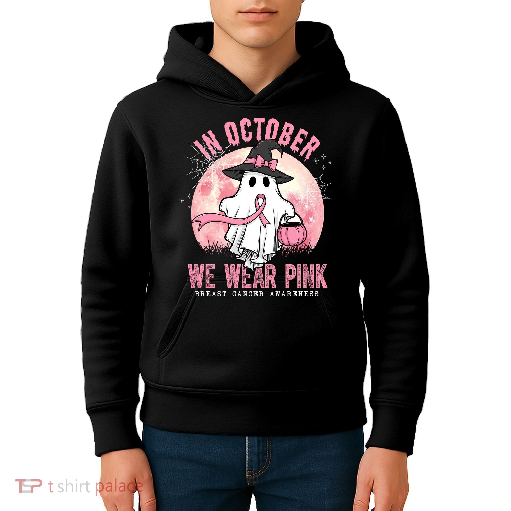 In October We Wear Pink Breast Cancer Halloween Ghost Kids Hoodie