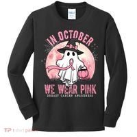 In October We Wear Pink Breast Cancer Halloween Ghost Kids Long Sleeve Shirt thumb 0