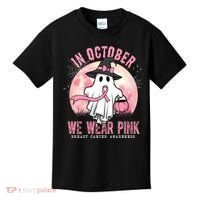 In October We Wear Pink Breast Cancer Halloween Ghost Kids T-Shirt thumb 0