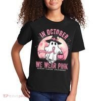 In October We Wear Pink Breast Cancer Halloween Ghost Kids T-Shirt thumb 2