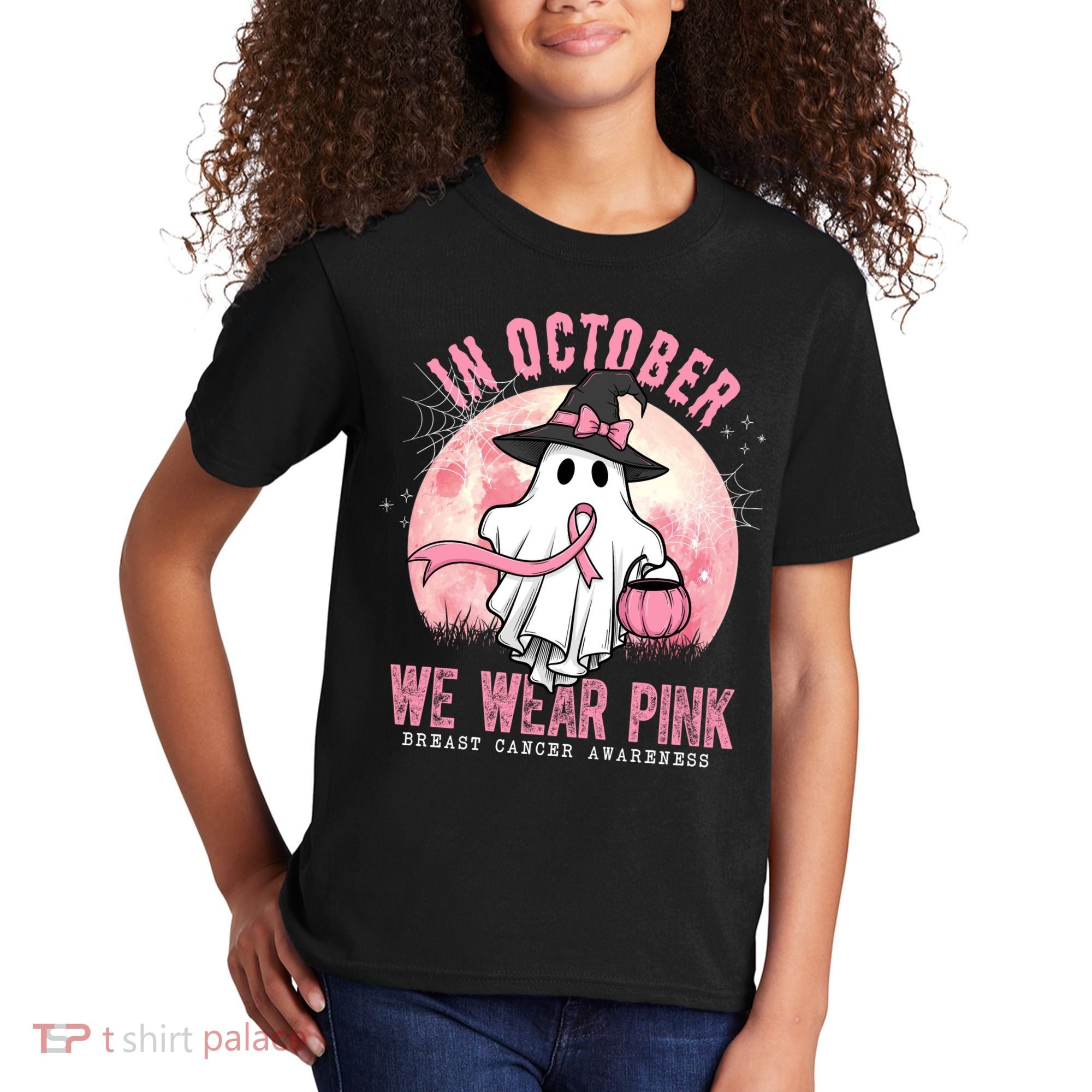 In October We Wear Pink Breast Cancer Halloween Ghost Kids T-Shirt