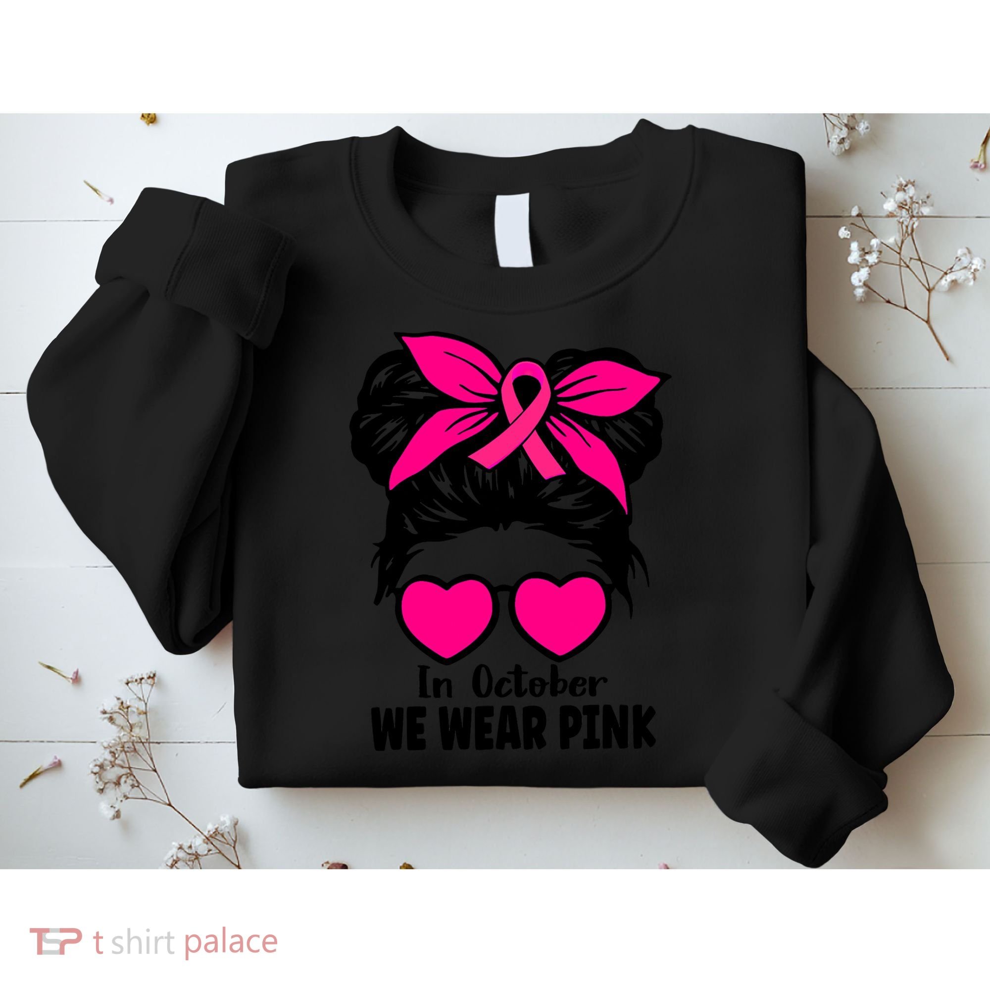 In October We Wear Pink Messy Bun Girls Breast Cancer Sweatshirt